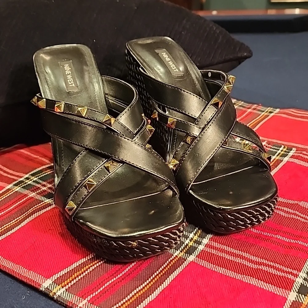 Nine West black studded wedge sandal